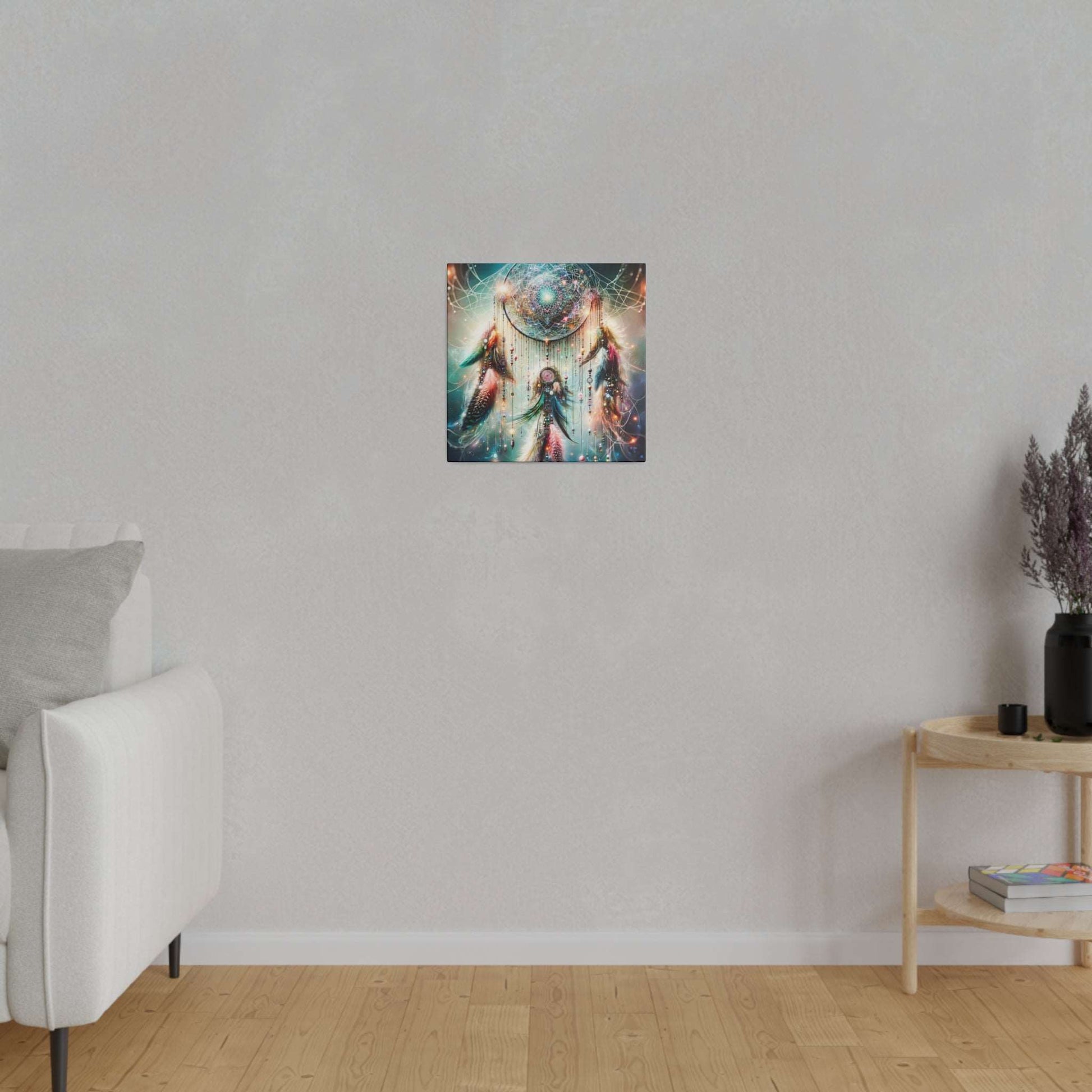 Small square canvas features a colorful galaxy dreamcatcher hanging on a light gray wall above a wooden floor.