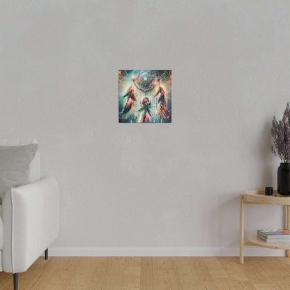 Small square canvas features a colorful galaxy dreamcatcher hanging on a light gray wall above a wooden floor.