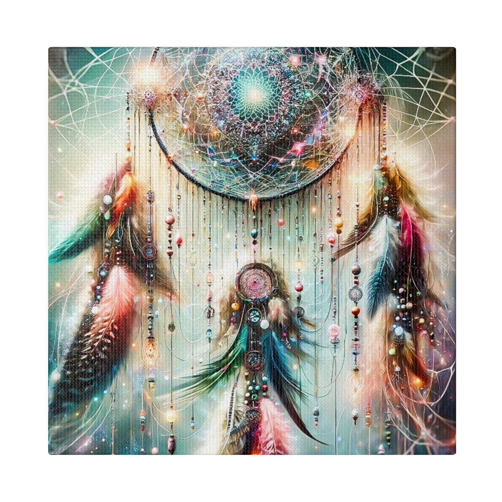 Colorful dreamcatcher wall art with a large circular beaded web and hanging feathers against a pastel, abstract background.