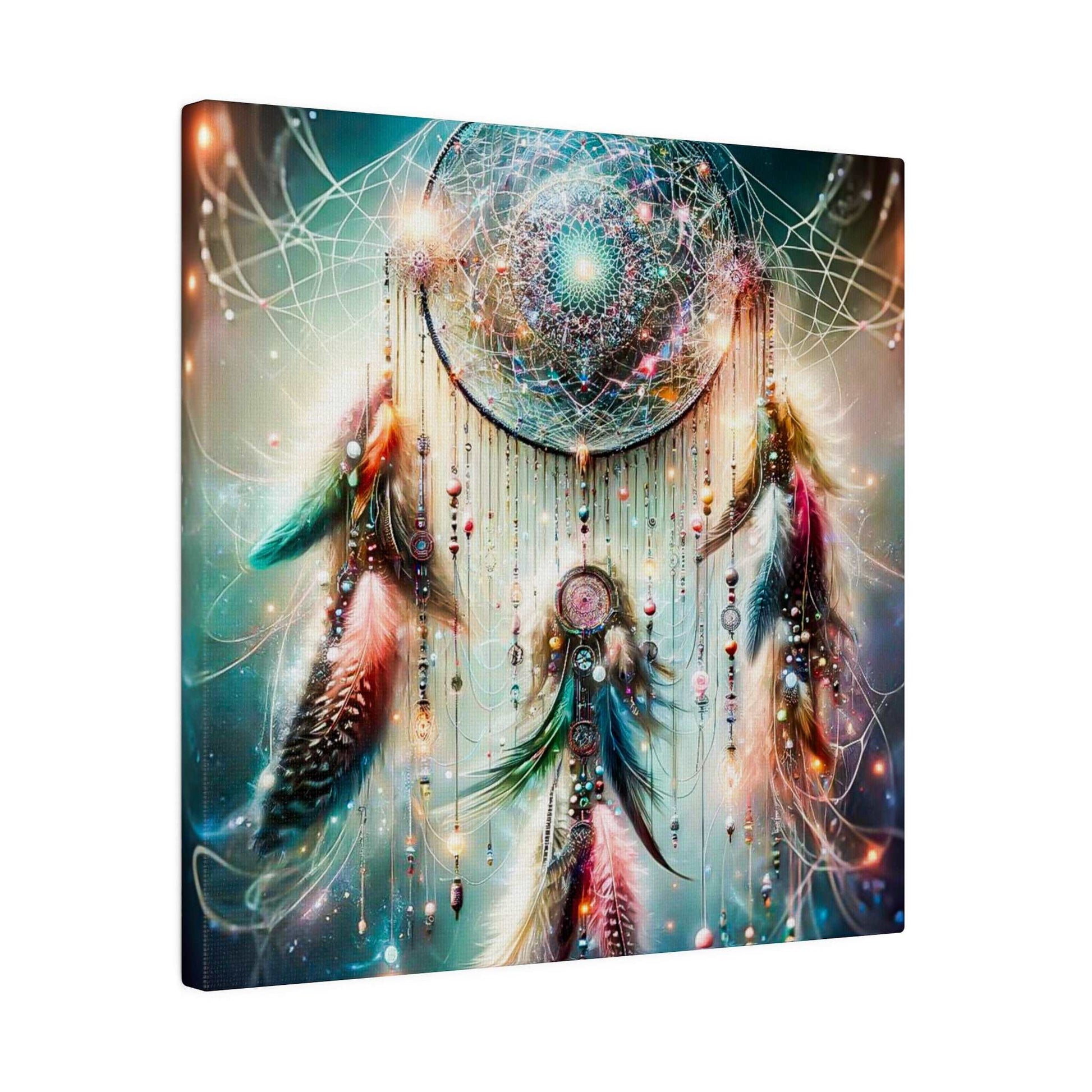 Colorful dreamcatcher art featuring a glowing circular web, beads, and multicolored feathers on a teal-purple background.