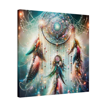 Canvas art featuring a colorful dreamcatcher with a glowing geometric web, beads, and teal-pink feathers.
