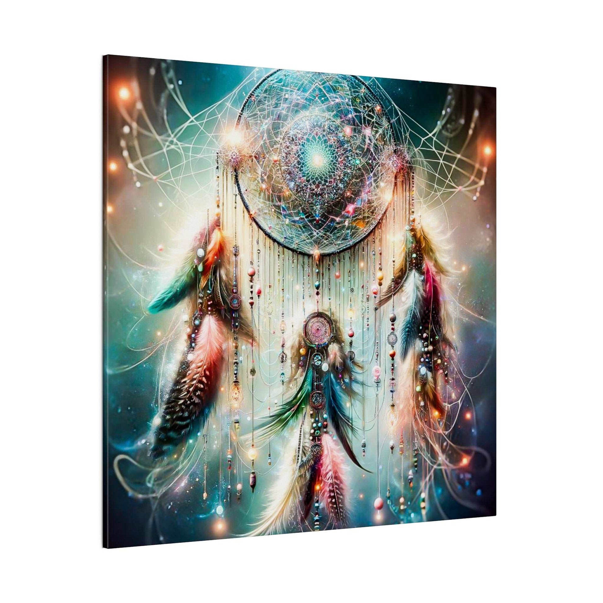 Colorful dreamcatcher with an ornate circular center, hanging beads, and multicolored feathers.