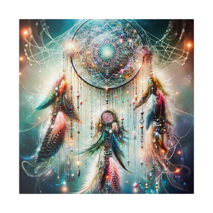 Colorful dreamcatcher with an intricate circular web, beads and feathers hanging from strings against a cosmic, glowing background.