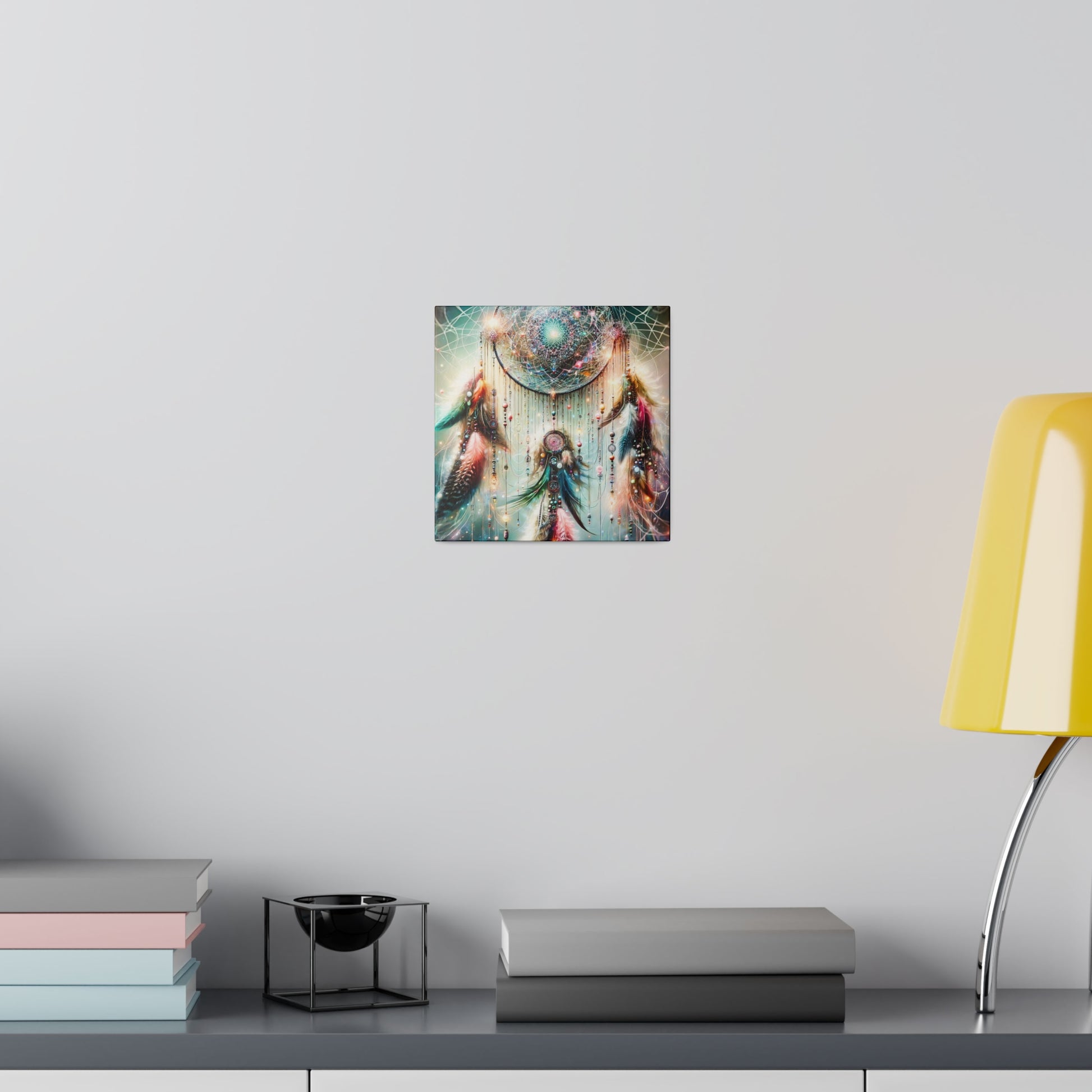 Small square artwork featuring a colorful dreamcatcher design, hung on a light gray wall above a shelf with books and a yellow lamp.