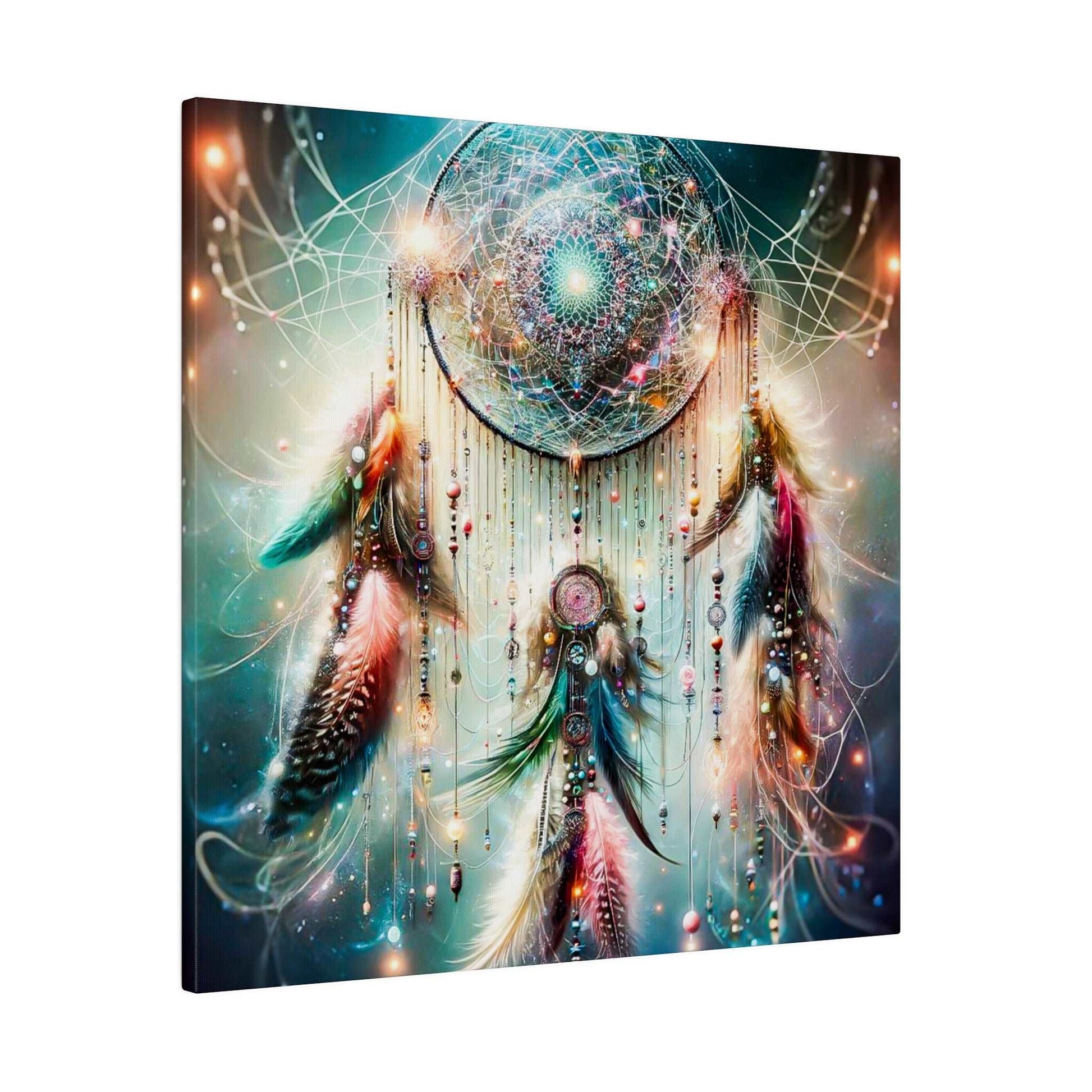 A vibrant dreamcatcher canvas with a geometric mandala center, beads and feathers in teal, pink, and turquoise hues.