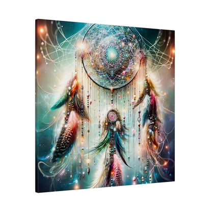 A vibrant dreamcatcher canvas with a geometric mandala center, beads and feathers in teal, pink, and turquoise hues.