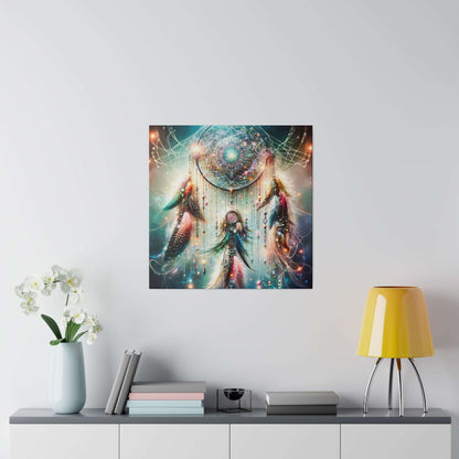 Canvas artwork featuring a neon-colored dreamcatcher with a glowing geometric orb and feathers against a swirling galaxy background.