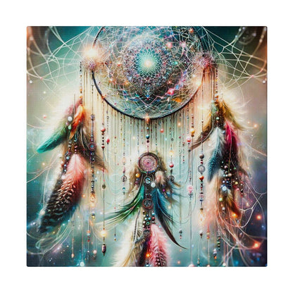 Colorful dreamcatcher artwork featuring a circular web with beads and hanging feathers against a soft, cosmic background.