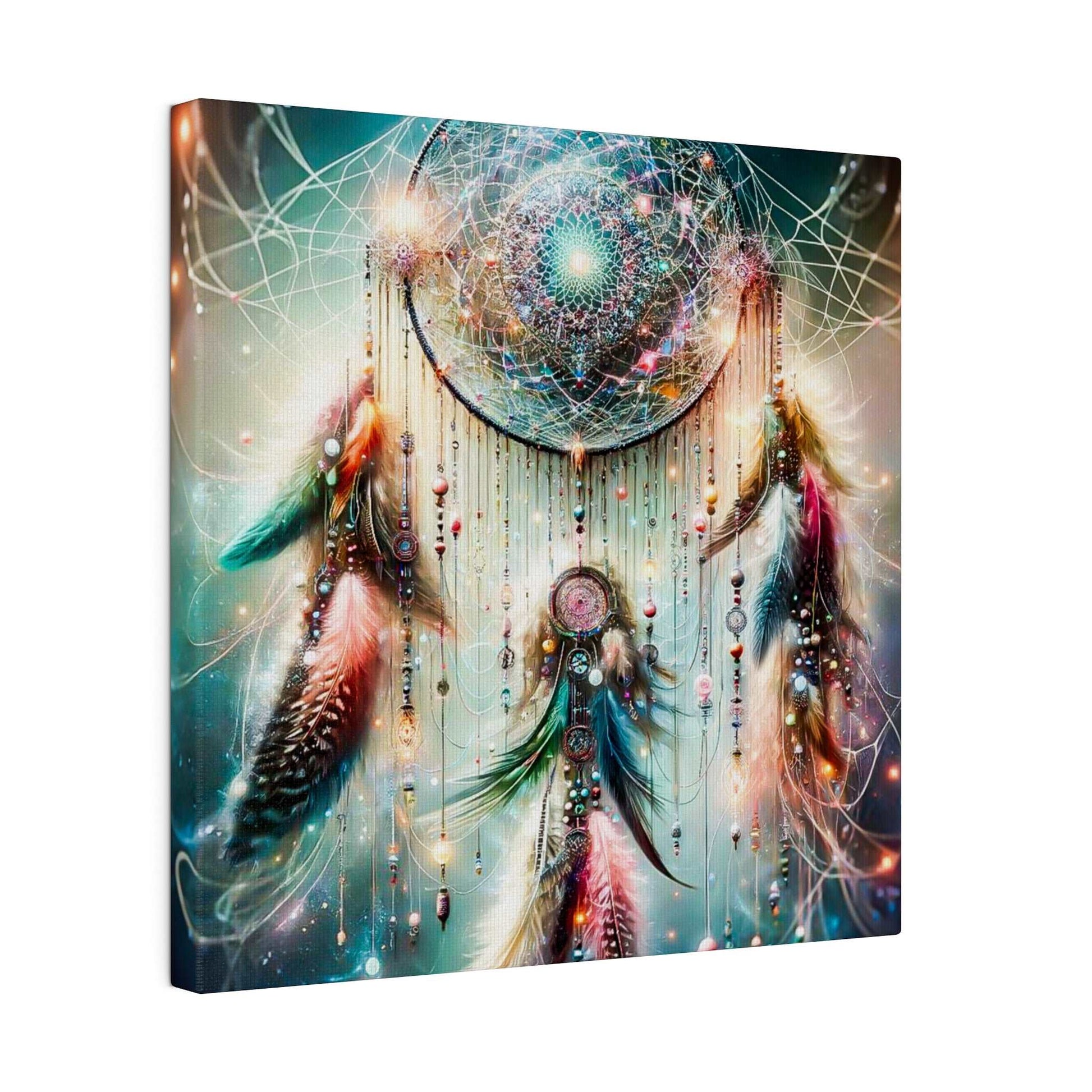 Dreamcatcher wall art featuring a circular, galaxy-inspired mandala with hanging beads and colorful feathers.