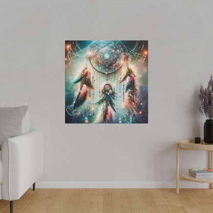 Square canvas art of a colorful dreamcatcher with beads and feathers, glowing orb, and swirling light on teal background.