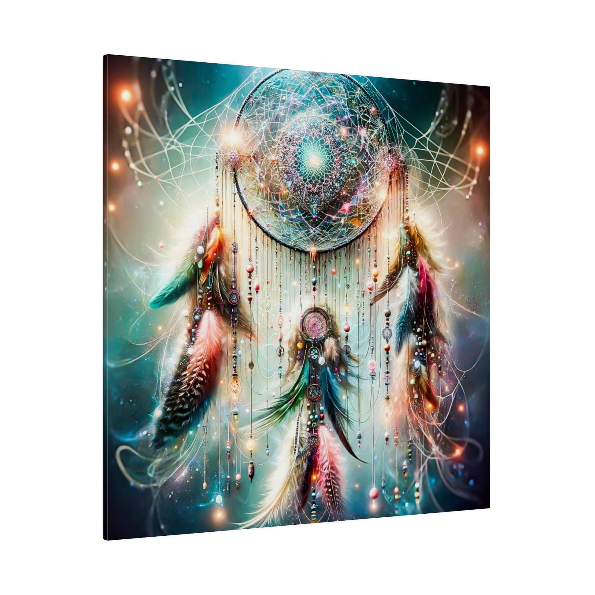 Colorful dreamcatcher artwork with a glowing circular web, beads and feathers, set against a cosmic teal-blue background.