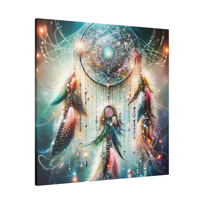 Canvas art depicting a luminous dreamcatcher with beads and feathers, set against a cosmic teal background.