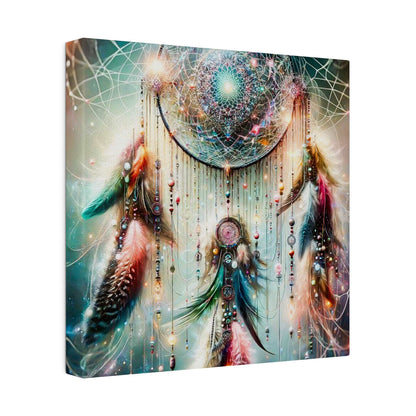 Canvas art depicting a dreamcatcher with a luminous circular web, beaded strands, and multicolored feathers.