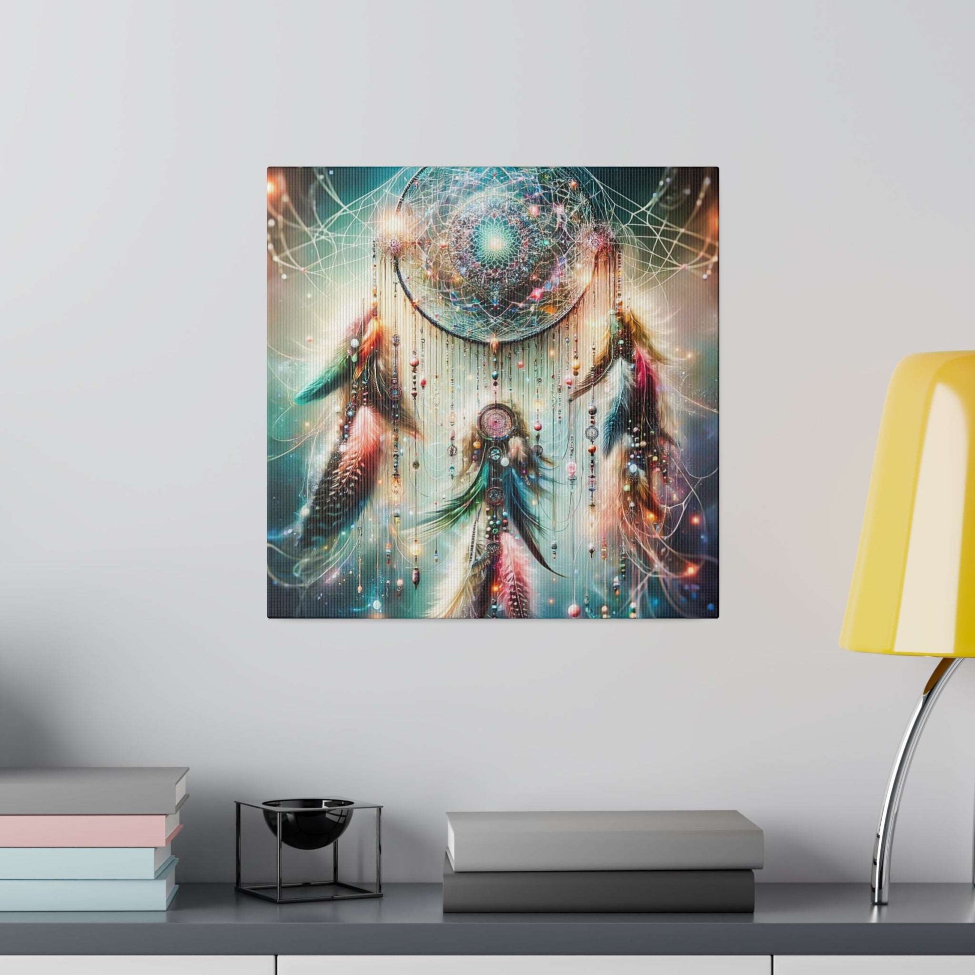 Square canvas depicting a vibrant dreamcatcher with a galaxy-themed circular web, beads, and colorful feathers.