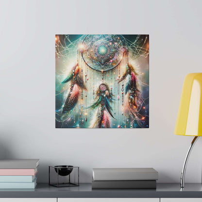 Square canvas depicting a vibrant dreamcatcher with a galaxy-themed circular web, beads, and colorful feathers.