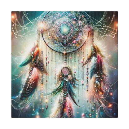 Colorful dreamcatcher art with a circular geometric center, hanging beaded strands and multicolored feathers.
