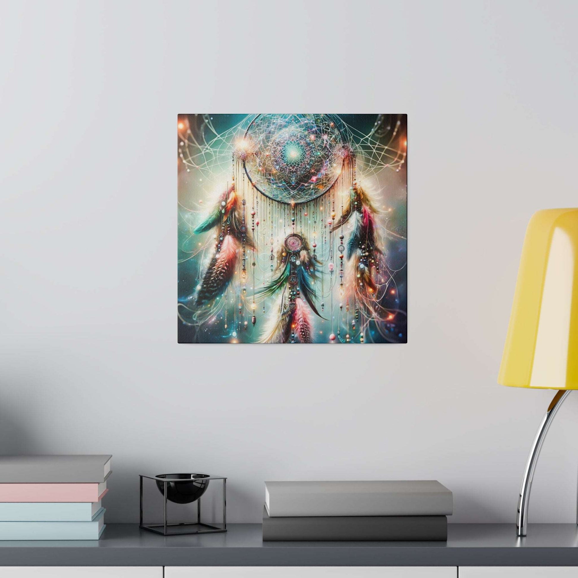 Square canvas artwork depicting a vibrant dreamcatcher with beads and feathers against a cosmic galaxy background.