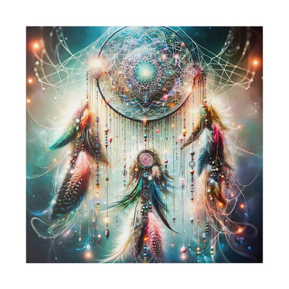 Dreamcatcher with a circular, intricate web, beads and long feathers, hanging against a vibrant, cosmic-colored background.