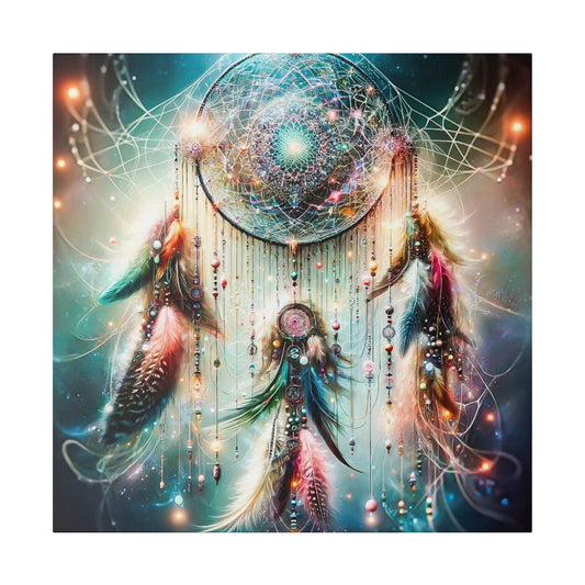 Dreamcatcher with a circular, intricate web, beads and long feathers, hanging against a vibrant, cosmic-colored background.