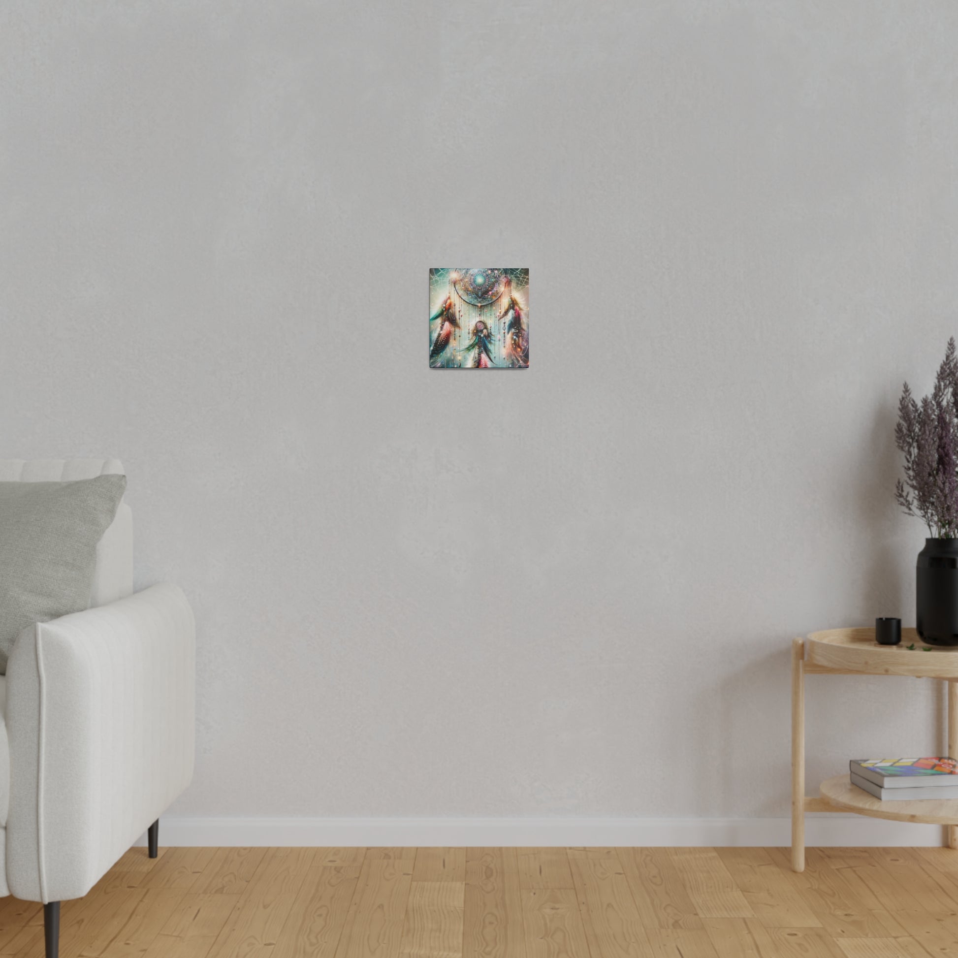 Small square painting with a colorful abstract design hangs centered on a light gray wall above a wooden floor.