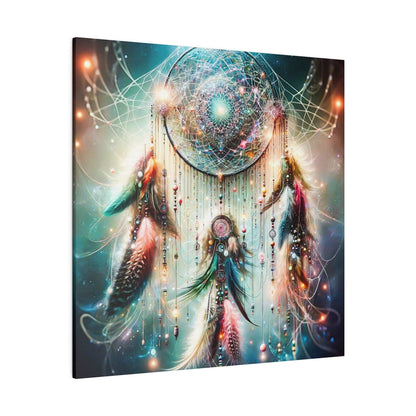 Dreamcatcher artwork with a luminous circular mandala center, hanging beads and multicolored feathers against a blue-green cosmic