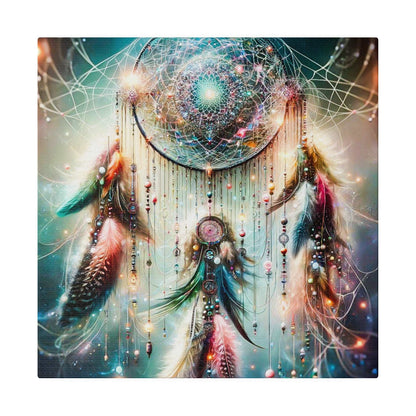 Cosmic dreamcatcher art featuring a glowing circular web with beads and dangling feathers in teal, pink, and aqua hues.