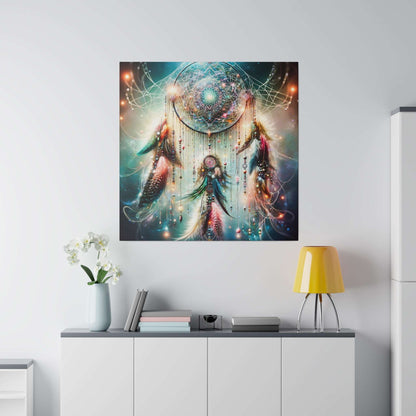 Square canvas art featuring a glowing dreamcatcher with intricate webs and multicolored feathers against a blue-green background.