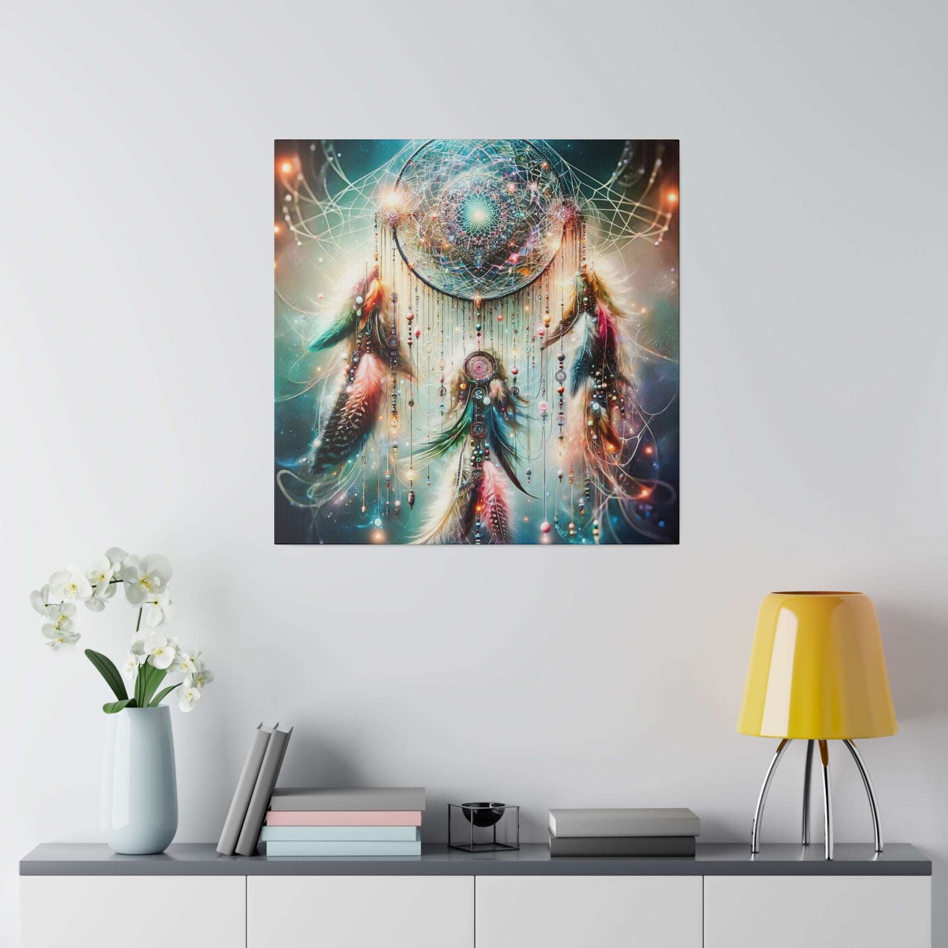 Square canvas art showing a luminous dreamcatcher with hanging feathers in teal, pink, and blue hues against a dark background.