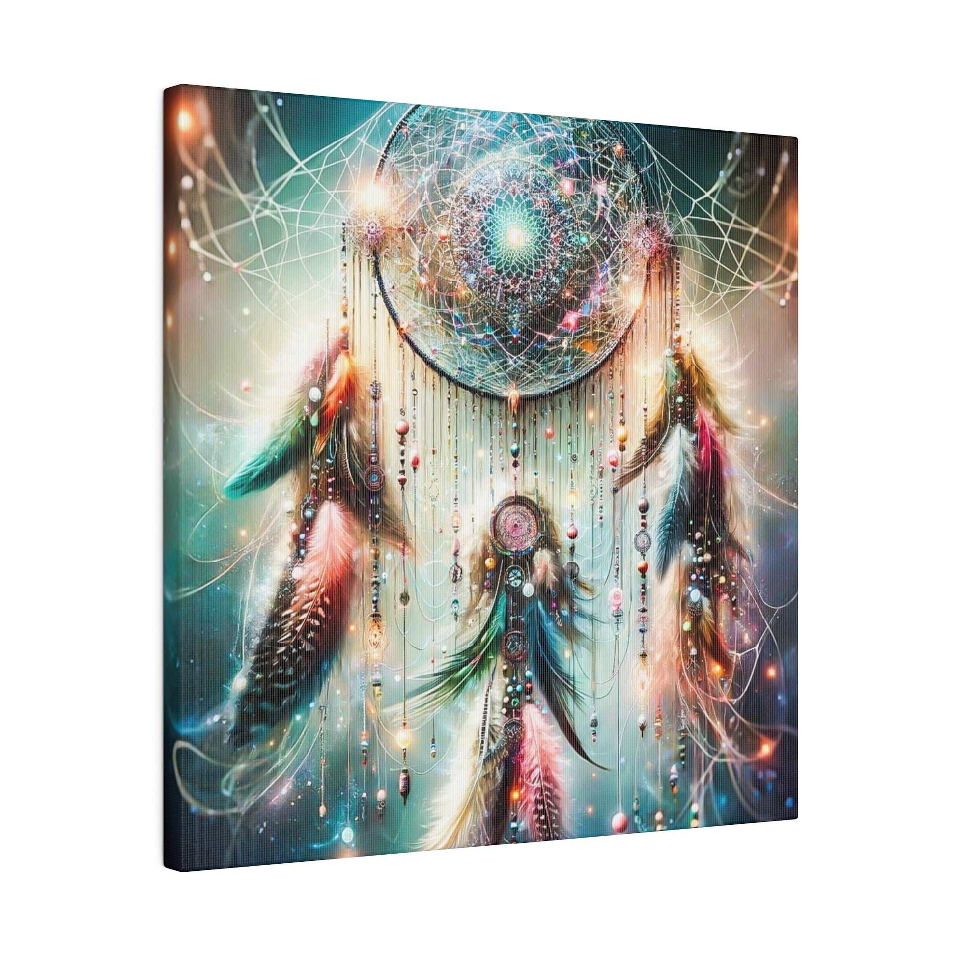 Dreamcatcher artwork featuring a large circular web with colorful beads and feathers against a luminous, abstract background.