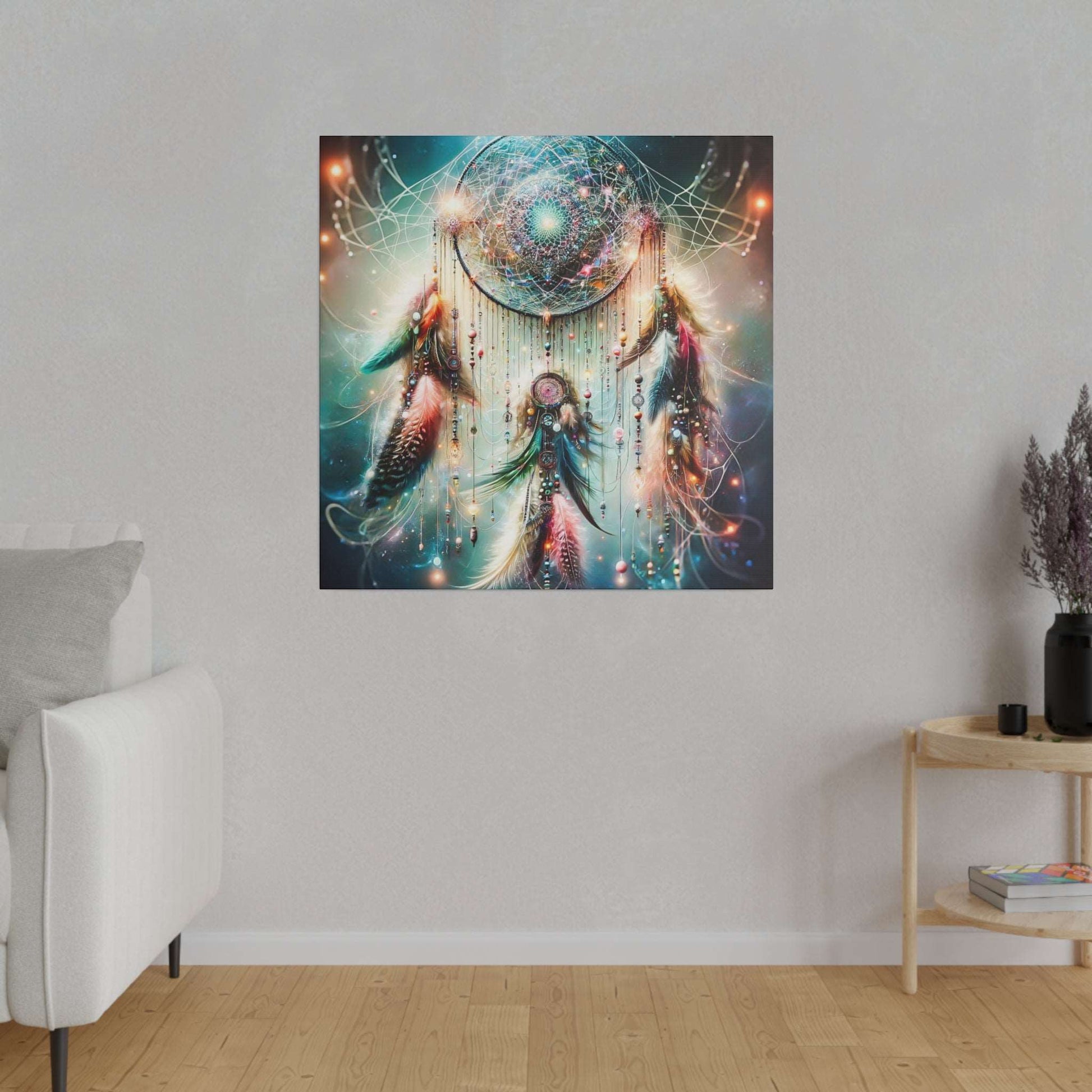 Square canvas art depicting a luminous dreamcatcher with a glowing center, dangling feathers, beads, and swirling light trails.