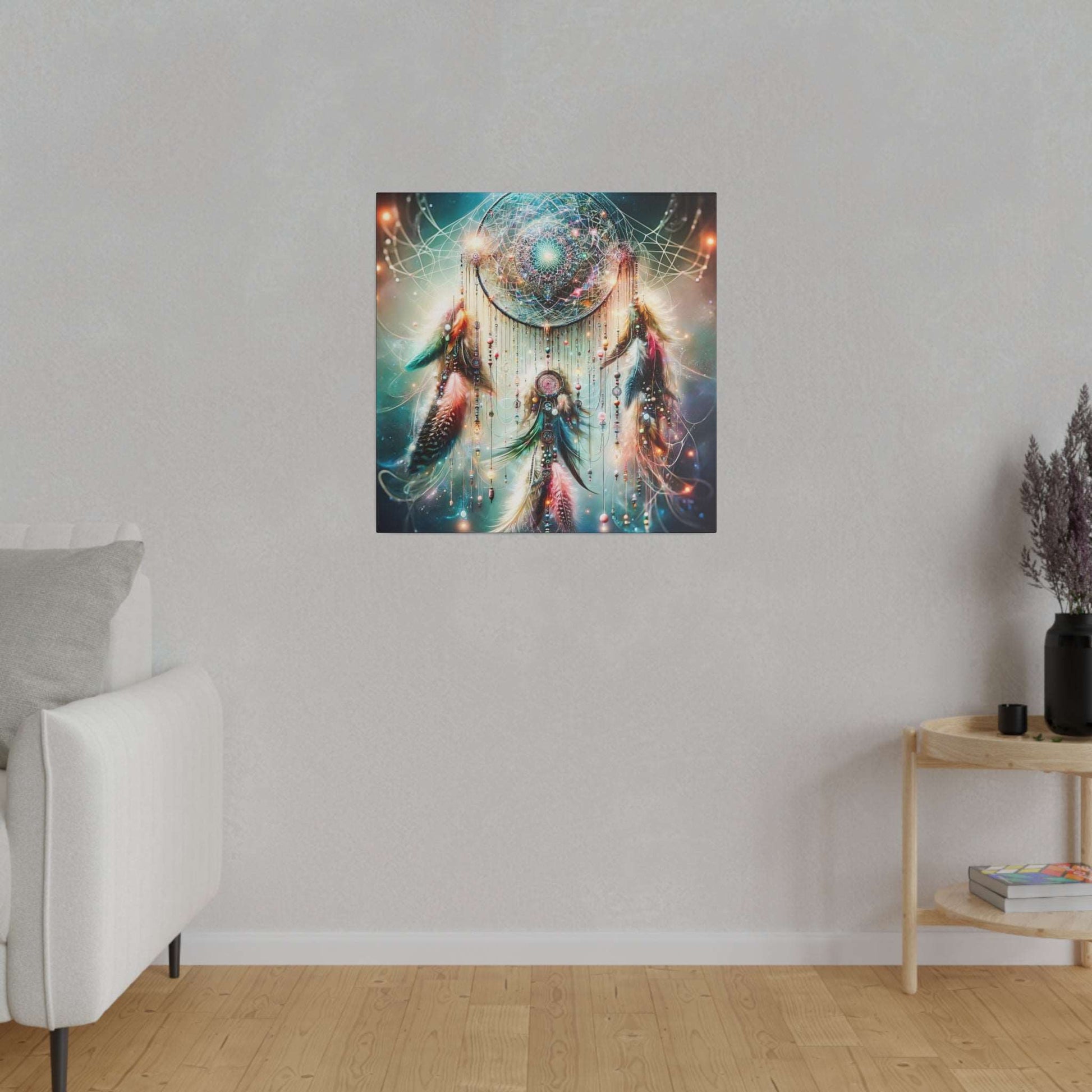 Square canvas art depicting a vibrant dreamcatcher with feathers and galaxy-inspired colors on a blue-green background.