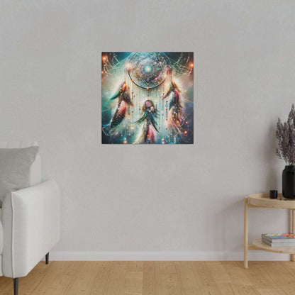 Square canvas art depicting a vibrant dreamcatcher with feathers and galaxy-inspired colors on a blue-green background.