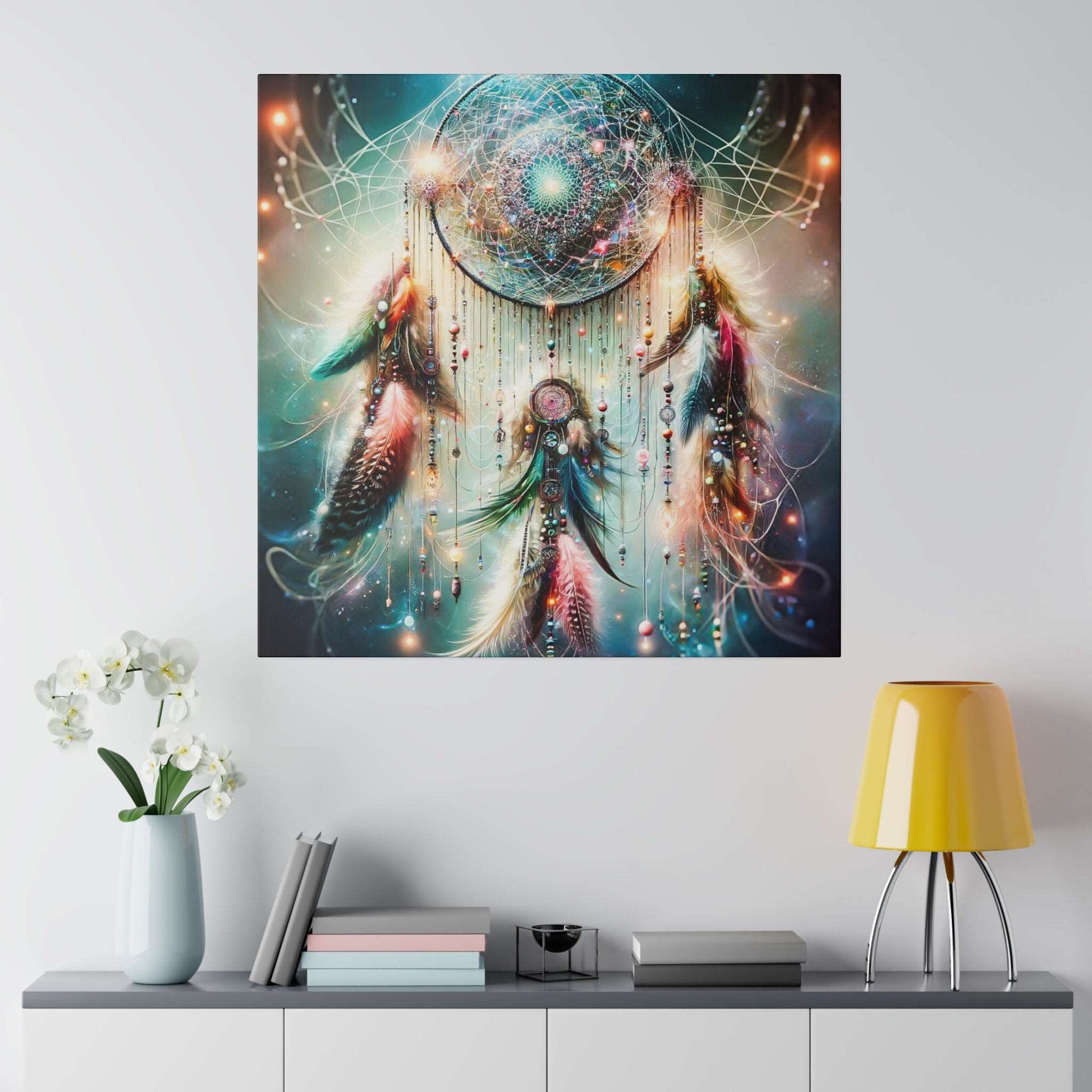 Square canvas depicting a galaxy-themed dreamcatcher with a bright circular woven center and long beaded feathers.
