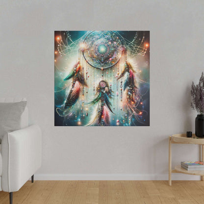Square canvas print of a colorful dreamcatcher with a glowing galaxy center, hanging beads, and feathers.