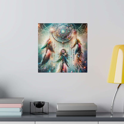 Square canvas art featuring a glowing dreamcatcher with feathers and a celestial, multicolor galaxy background.