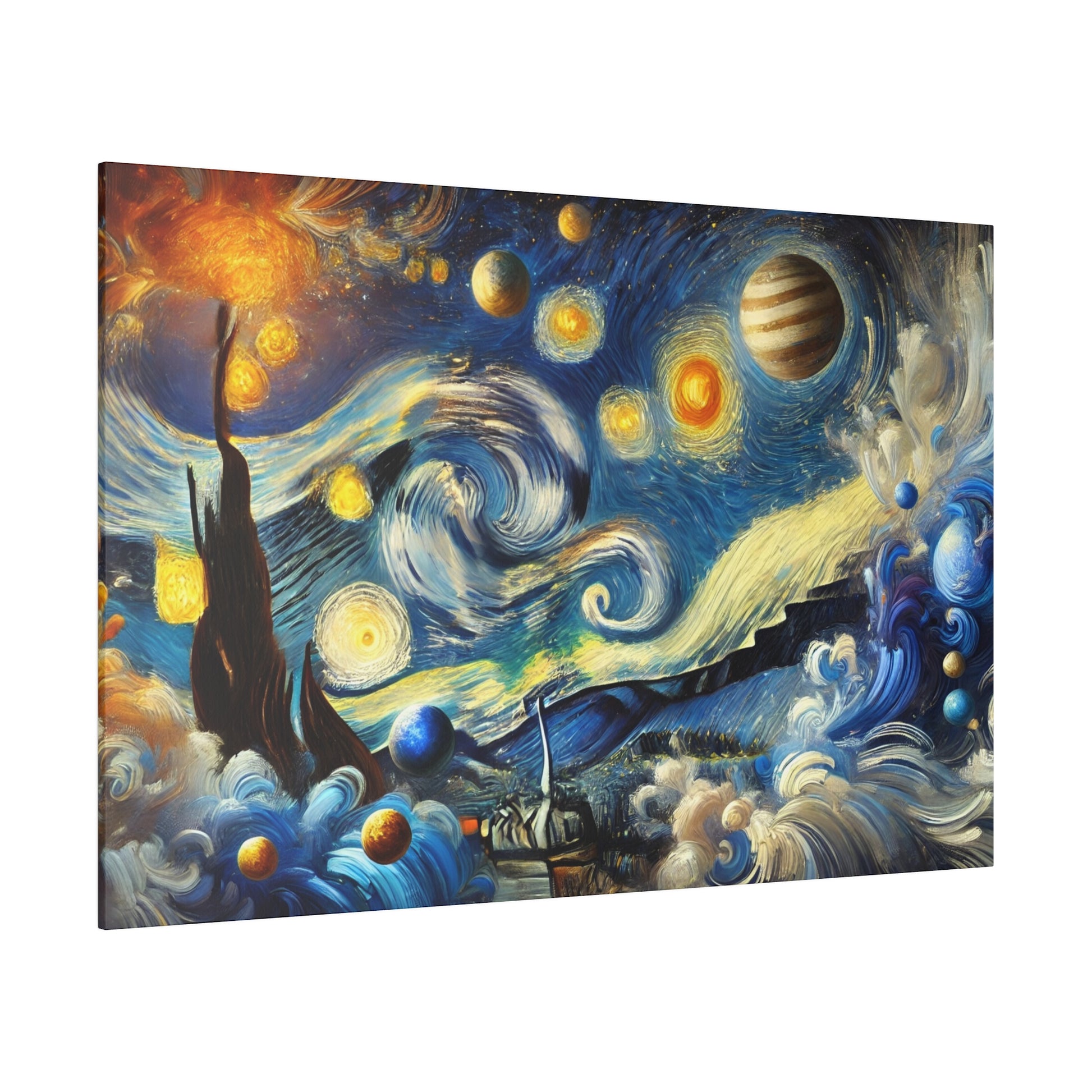 Canvas wall art depicting a Van Gogh–inspired Starry Night scene with swirling blue sky, yellow stars, and planets.