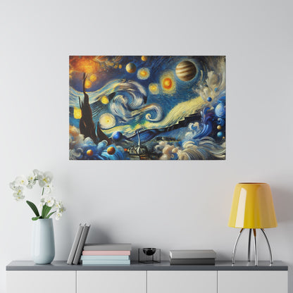 Abstract painting with blue swirls, yellow orbs, and planets on a light gray wall above a cabinet.