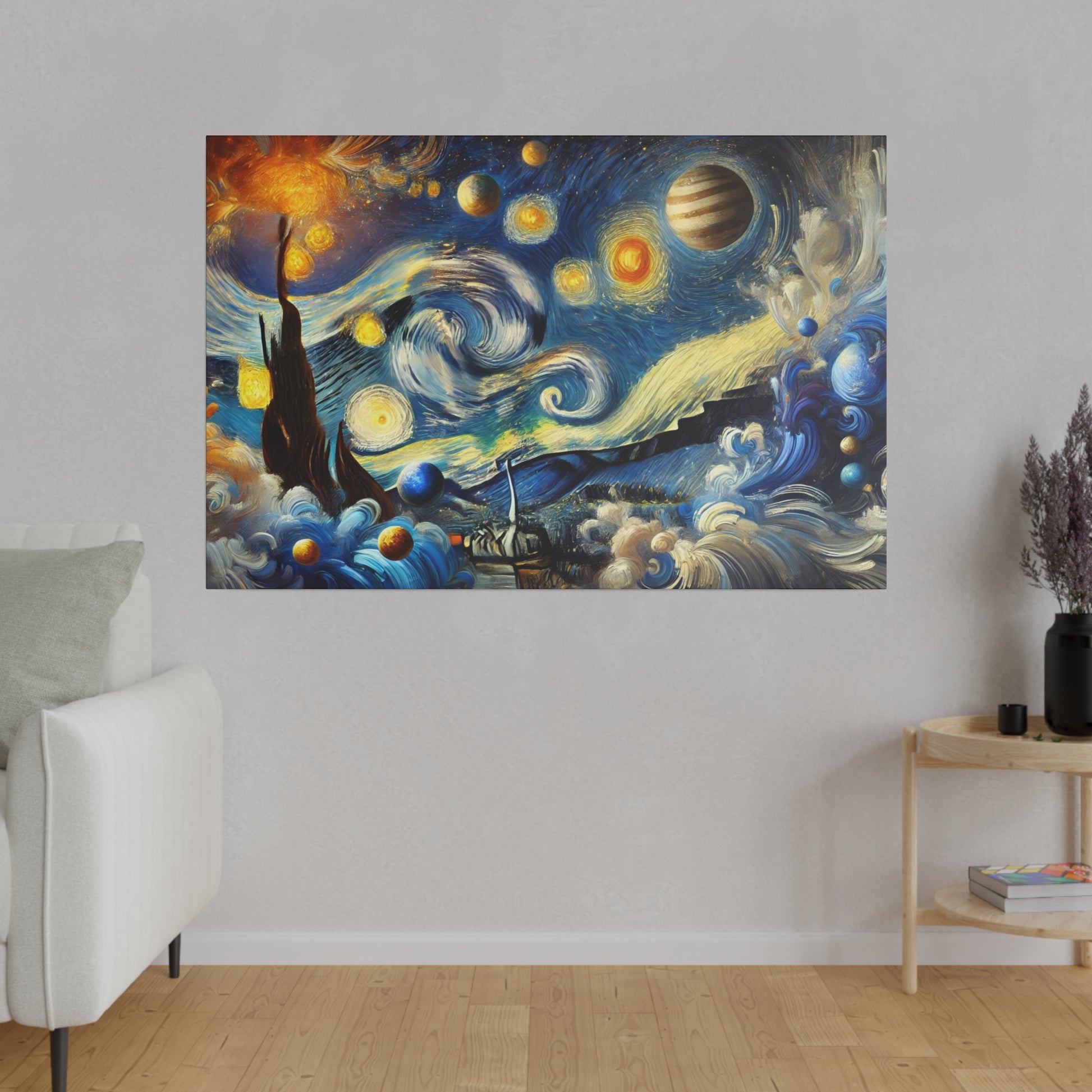 Colorful abstract painting with swirling blue waves and planets hanging on a gray wall.