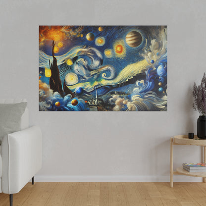 Colorful abstract painting with swirling blue waves and planets hanging on a gray wall.
