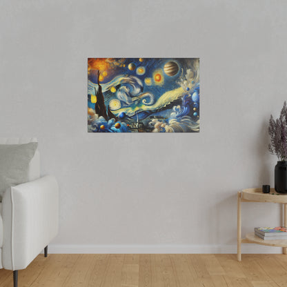 Colorful Starry Night reproduction hung on a light gray wall above a white sofa in a minimalist living room.