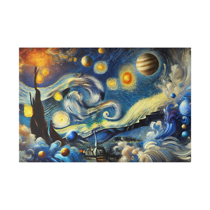 Colorful painting of a swirling night sky with stars and planets above a blue seascape.