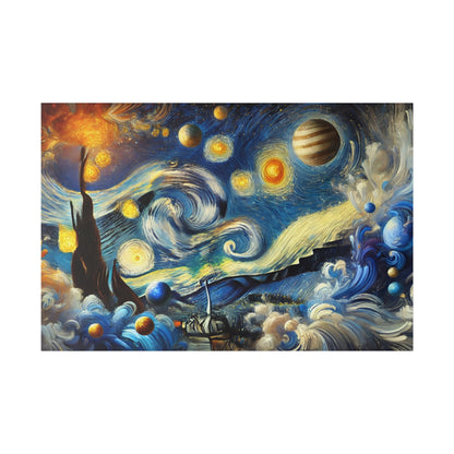 Painting of a night sky with swirling blue stars, yellow orbs, a dark cypress, hills, and a small boat on a blue sea.