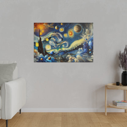 Abstract canvas painting with swirling blue waves and orange-yellow planets on a light gray wall in a living room.