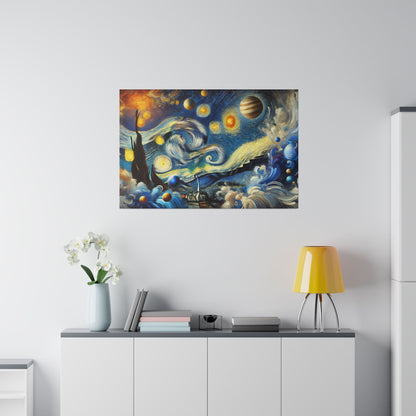 Colorful abstract painting with swirling blues and yellows hangs above a white cabinet with a yellow lamp, books, and a vase.