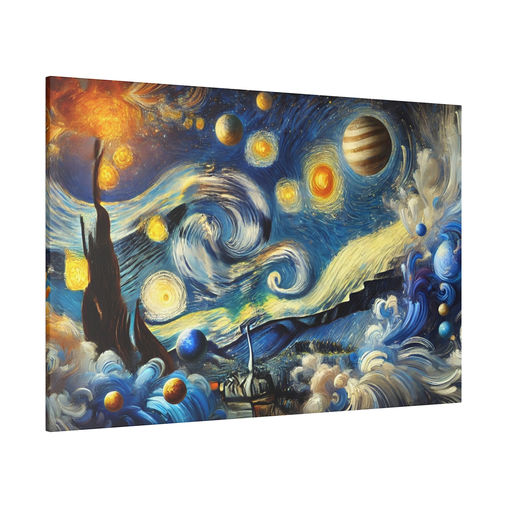 Rectangular canvas print showing a swirling blue night sky with planets, stars, and a turbulent sea with a ship.