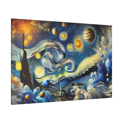 Rectangular canvas print showing a swirling blue night sky with planets, stars, and a turbulent sea with a ship.