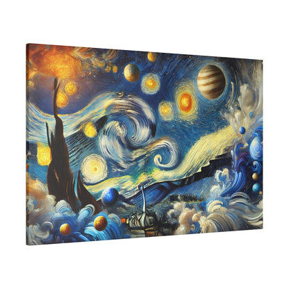 Canvas artwork showing a swirling blue night sky with stars and planets, waves, and rocky cliffs.
