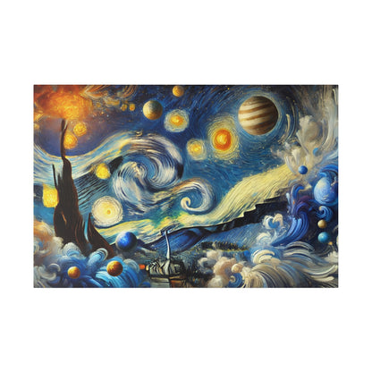 A large abstract landscape painting featuring a swirling blue night sky with planets, stars, and curling waves.