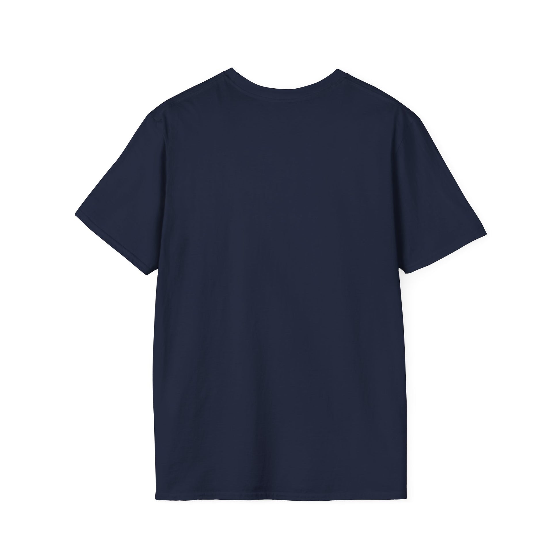Back view of a plain navy blue short-sleeve T-shirt with no visible graphics.