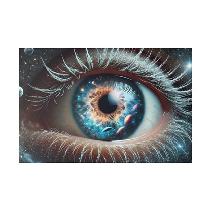 Close-up of a blue iris featuring a space scene with nebulae and planets, surrounded by detailed eyelashes.